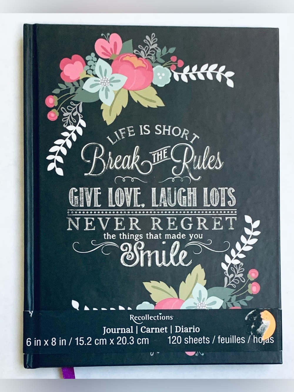 Inspirational Journal Break the Rules Love Smile Ruled Bookmark Floral 6x8 Chalk